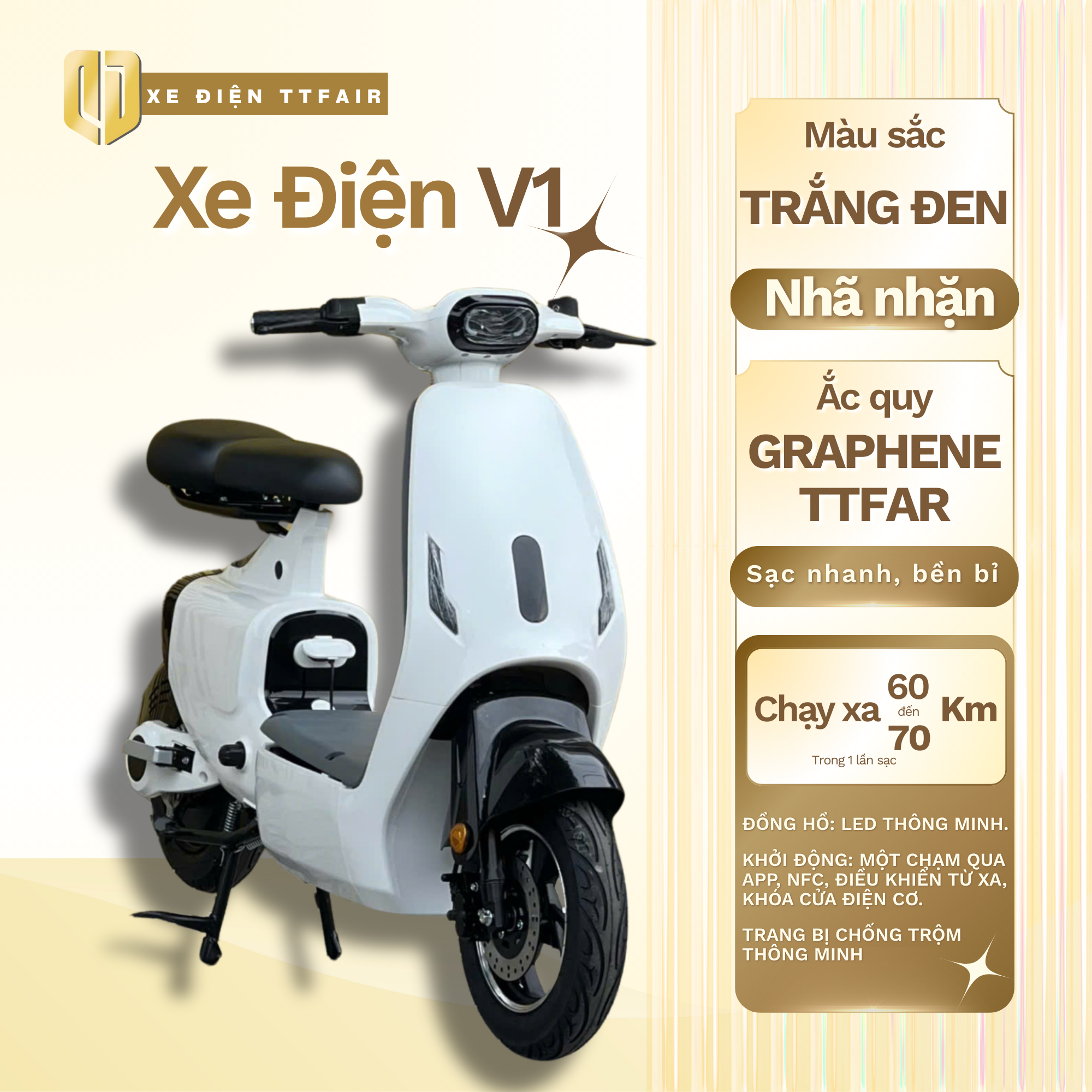 Xe Điện V1 TTFair Chính Hãng – Trắng Đen