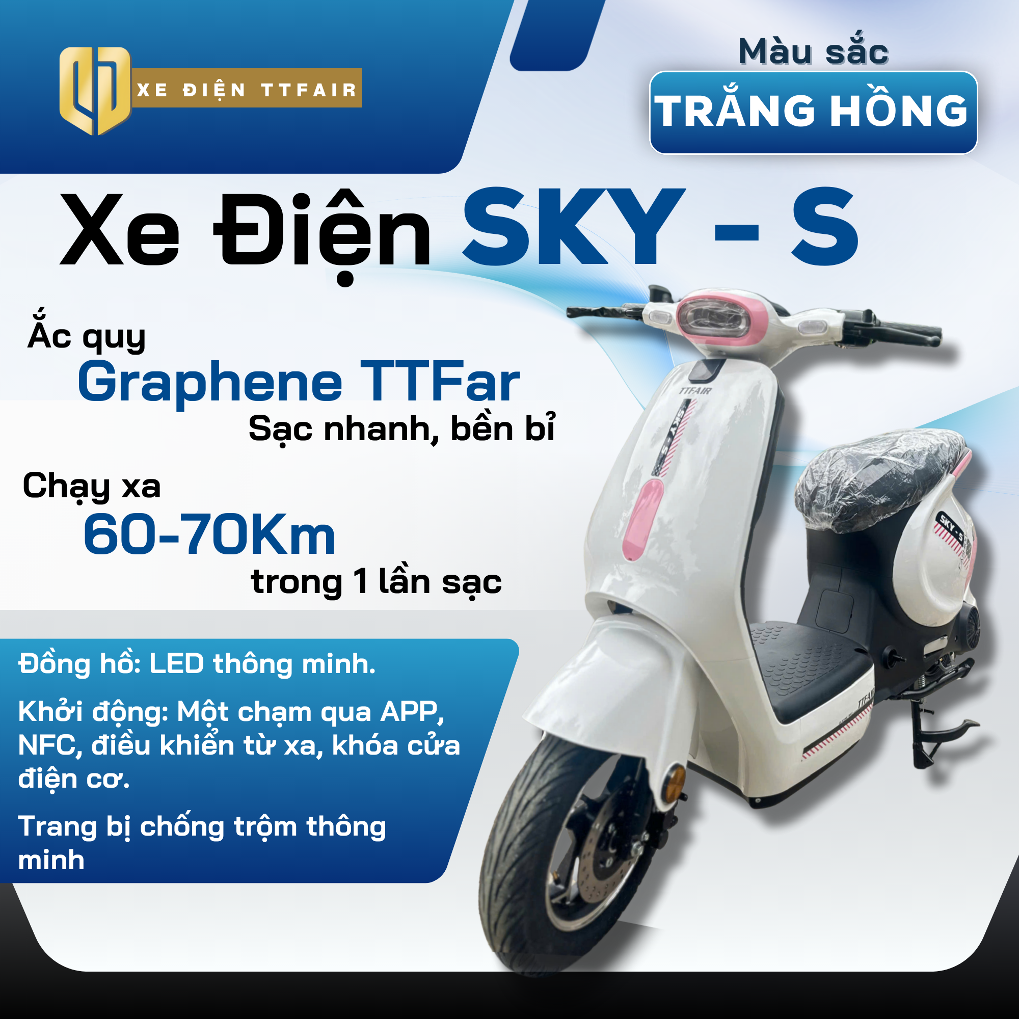 Xe Điện Sky-S TTFair Chính Hãng – Trắng Hồng