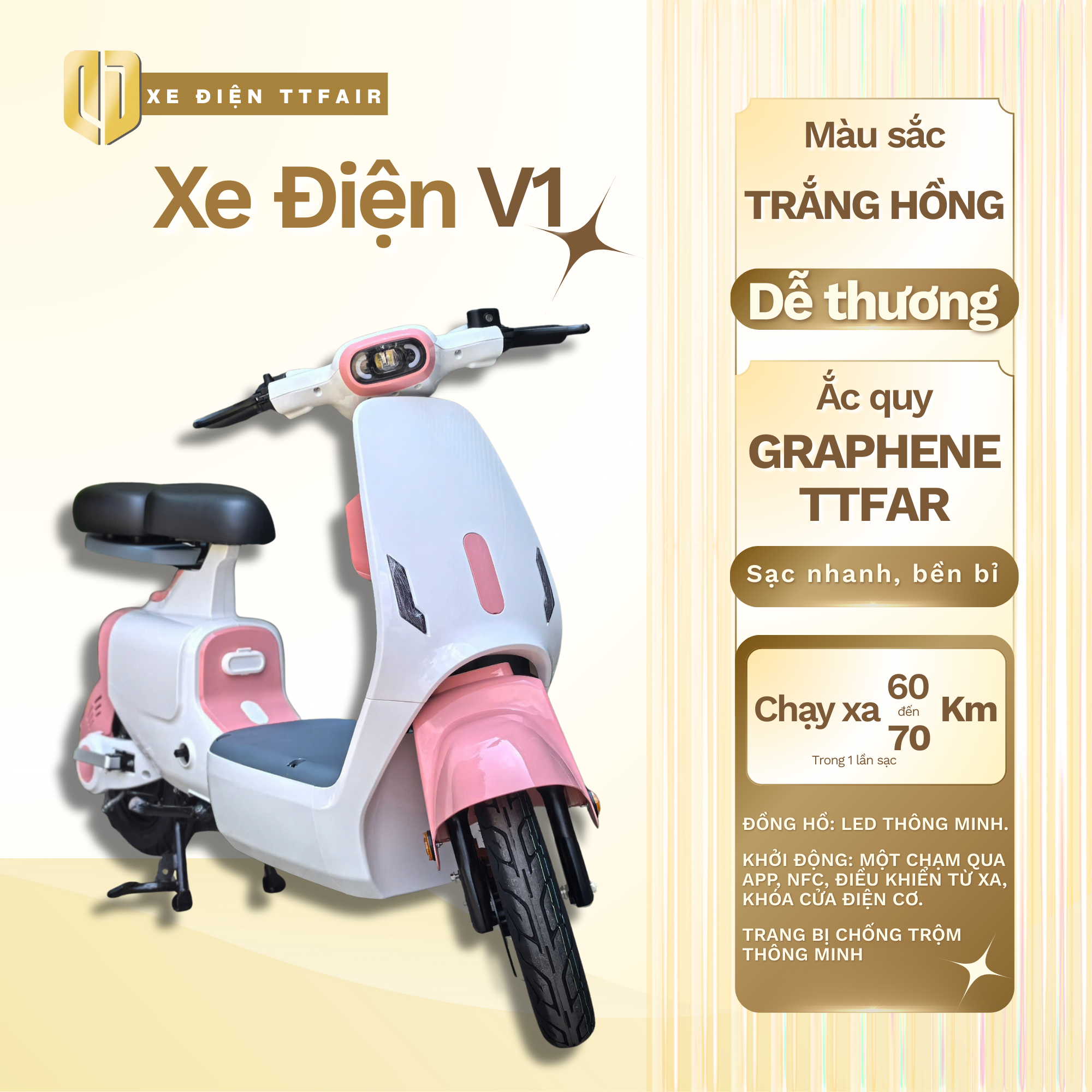 Xe Điện V1 TTFair Chính Hãng – Trắng Hồng
