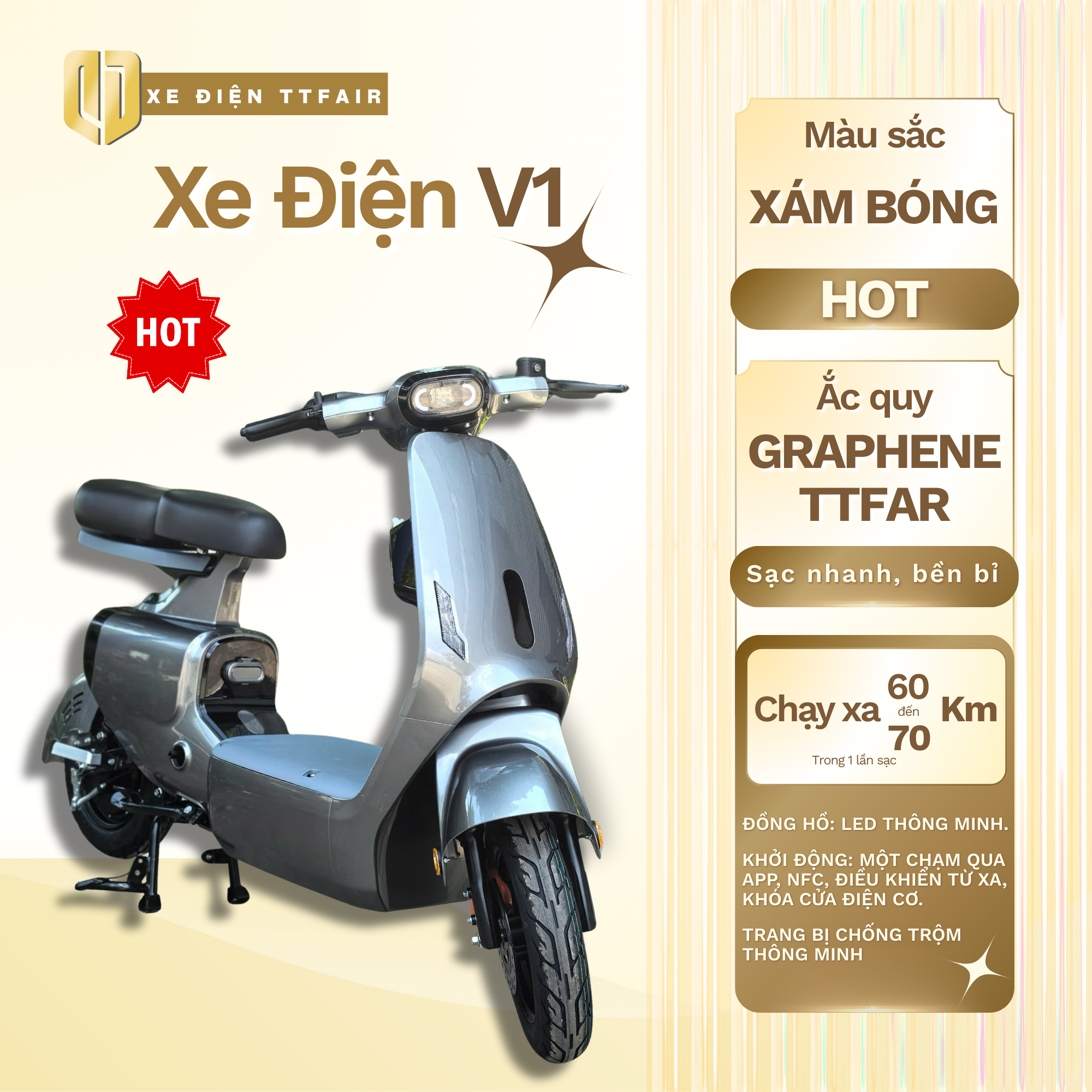 Xe Điện V1 TTFair Chính Hãng – Xám Bóng